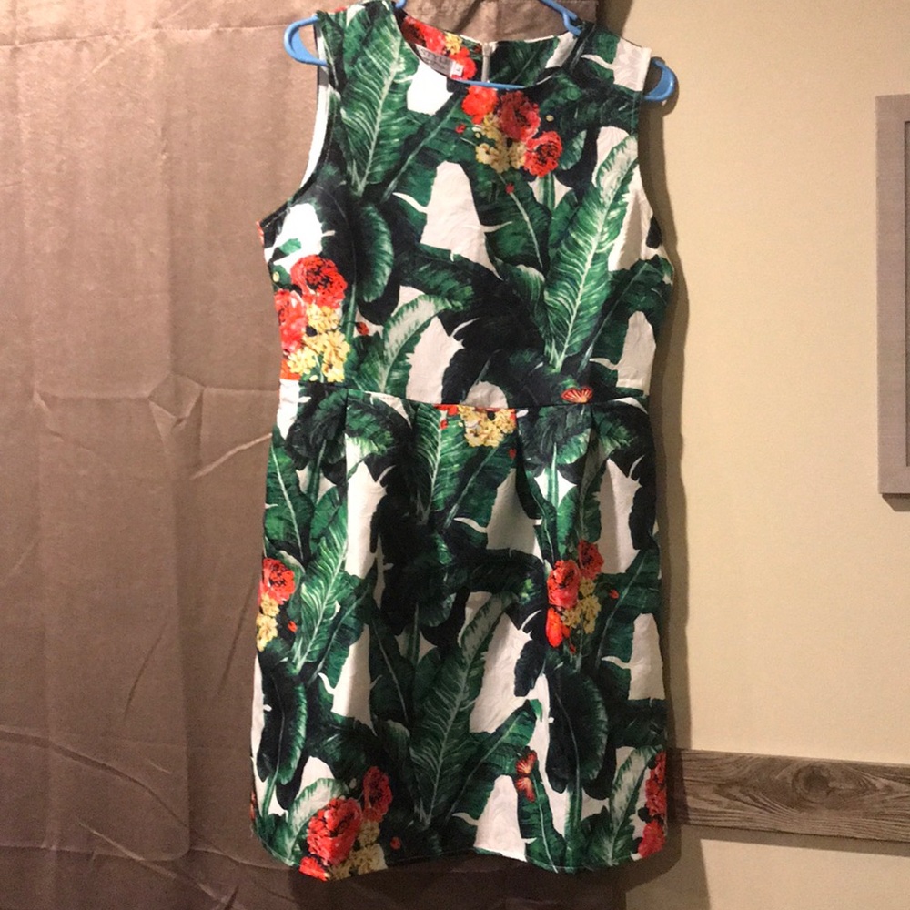 Tropical, floral mini dress.